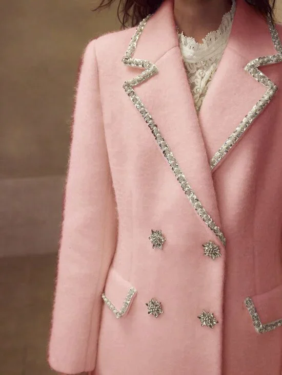 Pink Preppy Women's Rhinestone Double-Breasted Overcoat - Picture 3 of 7